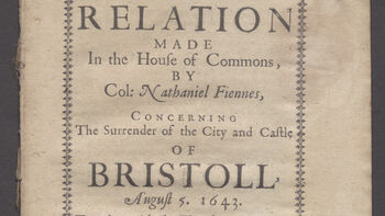 Pamfletter fra den engelske borgerkrigen.&amp;#160;Fra pamfletten &quot;A relation made in the House of Commons, by Col: Nathaniel Fiennes, concerning the surrender of the city and castle of Bristoll, August 5. 1643 : Together with the transcripts and extracts of certain letters, wherein his care for the preservation of the city doth appear. Imprimatur, John White.&quot; av Nathaniel Fiennes 1643. Ligger i Oria.