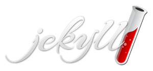 Logo with a slightly tilted test tube with red liquid on the right hand side and text  "jekyll" in white cursive letters on the left.