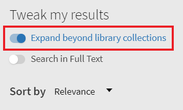 Image showing where to activate the Expand beyond library collections functionality at the top of the right hand menu