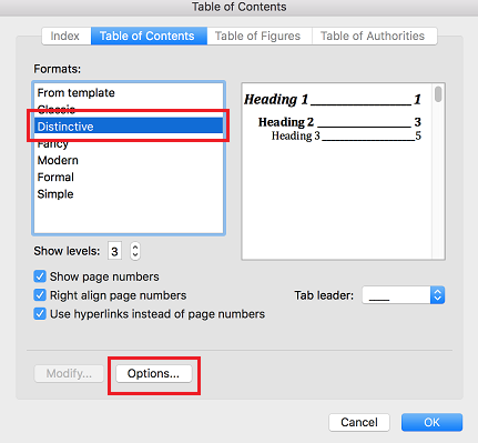 set headings for table of contents in word on mac